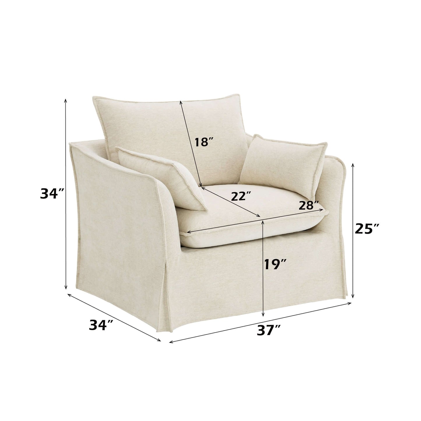 Shane Beige Slipcover Linen Chair w/2 Pillows dimensions and design details on a white background.