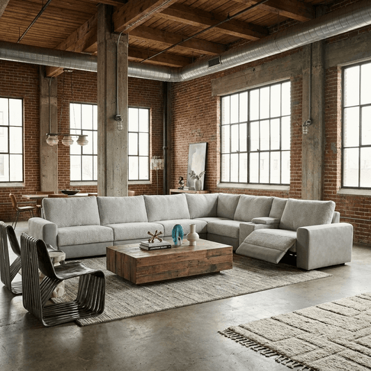 Tarrance Modular Gray Sherpa & Velvet Power Recliner Sectional with Multifunction Console 165" in a modern living room.