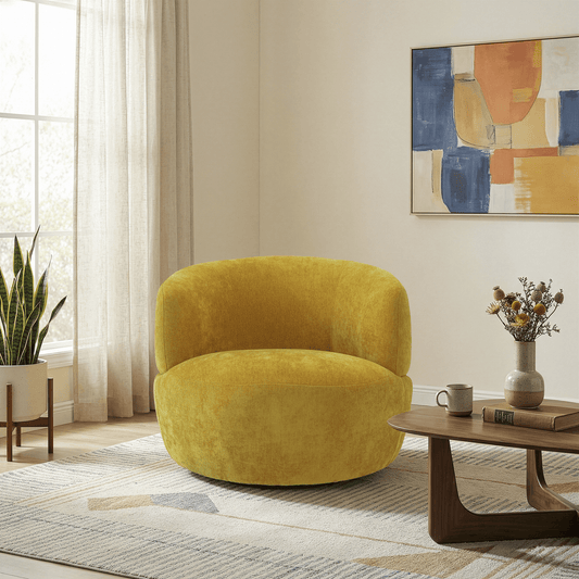 Thornton Chenille Swivel Chair – Barrel Swivel Accent Chair (Gold or Sand) in cozy living room setting.