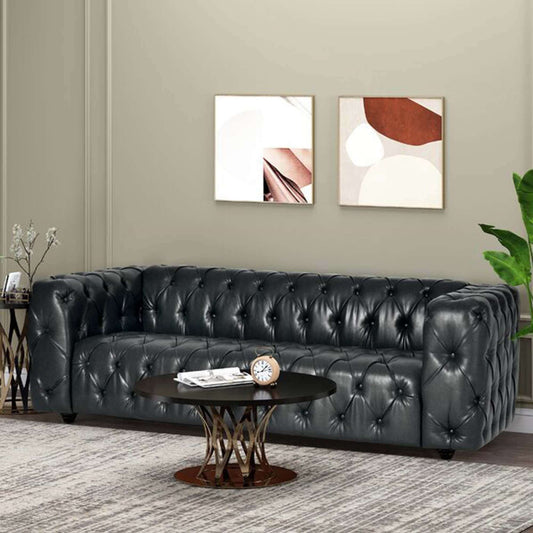 Tufted PU Leather Sofa – 83.5” Modern 3-Seat Sofa with Wood Legs (Black) in stylish living room setting.