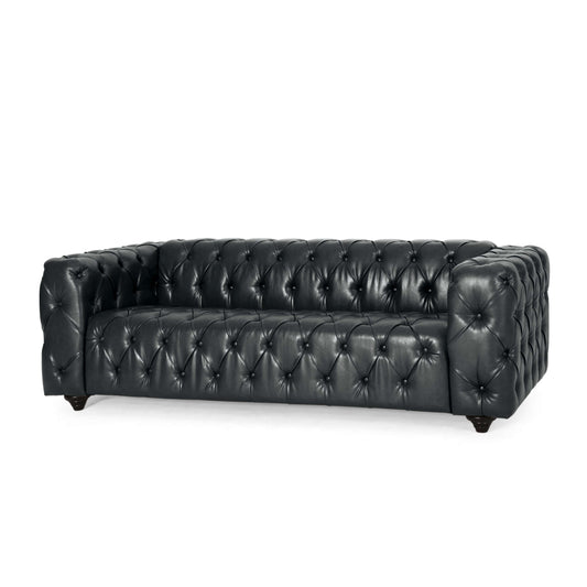 Tufted PU Leather Sofa – 83.5” Modern 3-Seat Sofa with Wood Legs (Black)