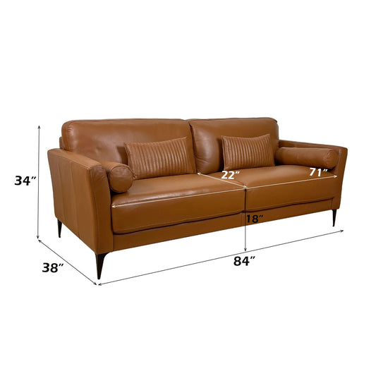 Tussio Italian Leather Sofa – 84” Brown 2-Seater with 5 Pillows (Modern Design) dimensions and details image.