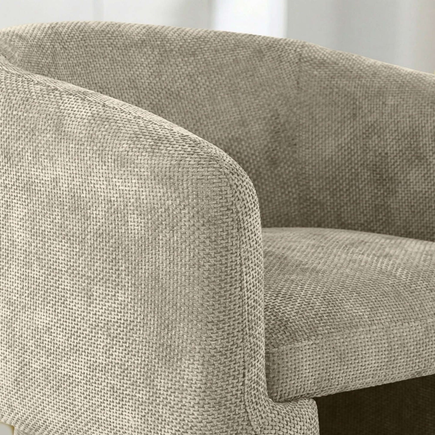 Wichita Chenille Lounge Chair – Modern Curved Accent Chair (Brown or Gold) close-up view of soft chenille fabric.