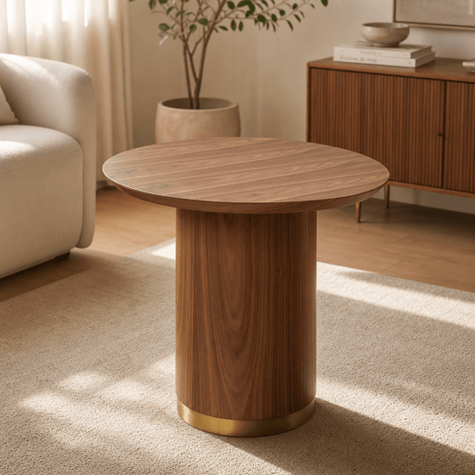 Willene Walnut Finish End Table featuring a round top and sleek pedestal base in a modern living room setting.