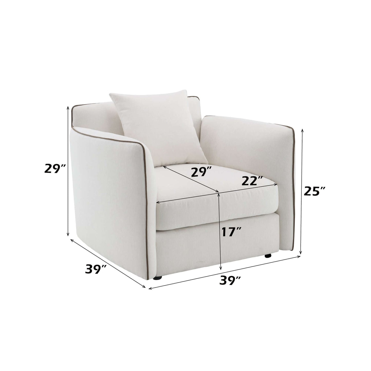 Yolanda Beige Chenille Chair w/Pillow dimensions with soft beige fabric and plush cushioning.