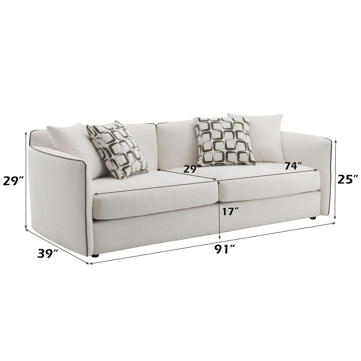 Yolanda Beige Chenille Sofa – 91” Modern Deep Seat Sofa with 4 Pillows dimensions and design details.