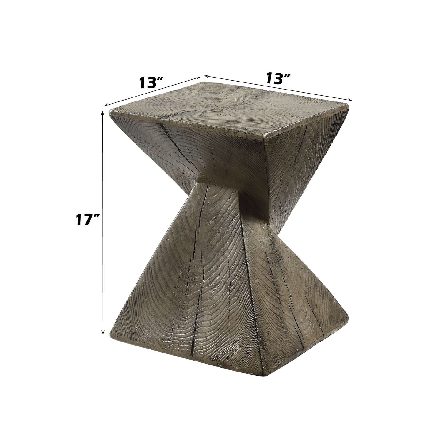Zahi Weathered Oak Finish Accent Table – 17” Cement Side Table showcasing its unique sculptural design and dimensions.