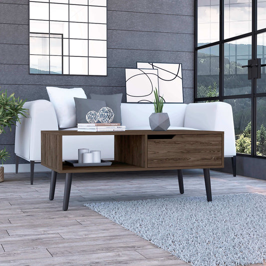 Oslo MCM Wood Coffee Table, 1 Drawer, 1 Shelf in Dark Walnut - Revel Sofa