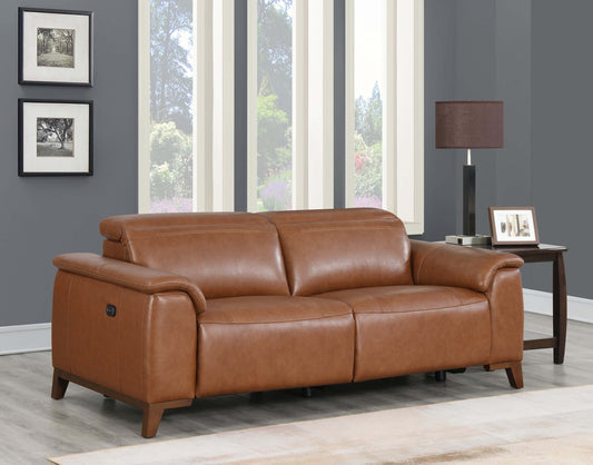 Dual-Power Brown Leather Reclining Sofa 83" - Power Headrest & Padded Armrests - Revel Sofa