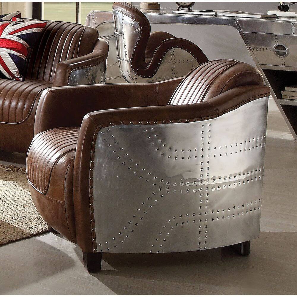 Brancaster Retro Inspired Lounge Chair in Brown Top Grain Leather & Aluminum - Revel Sofa