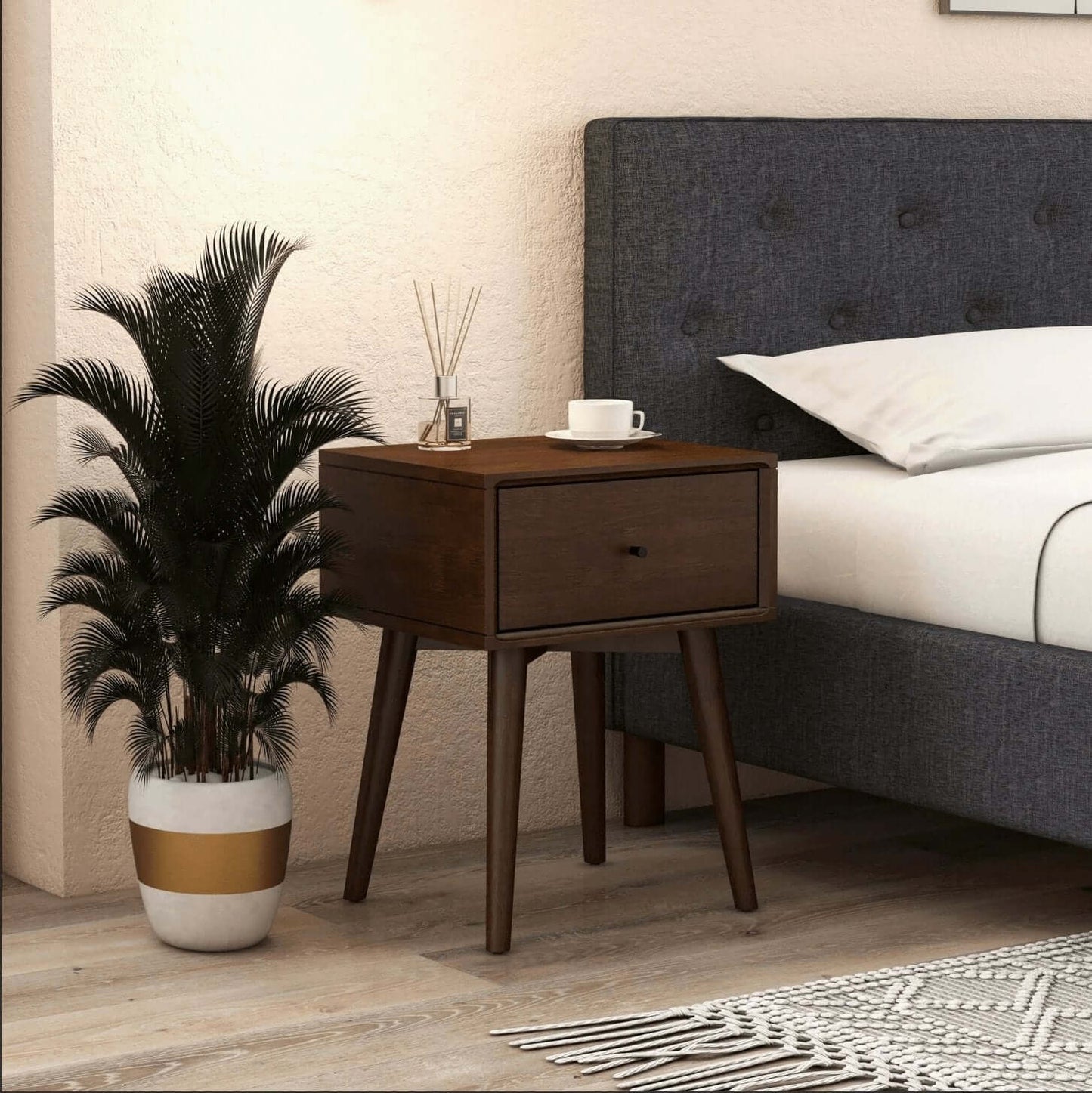 Avery MCM Walnut Nightstand with Drawer - Revel Sofa
