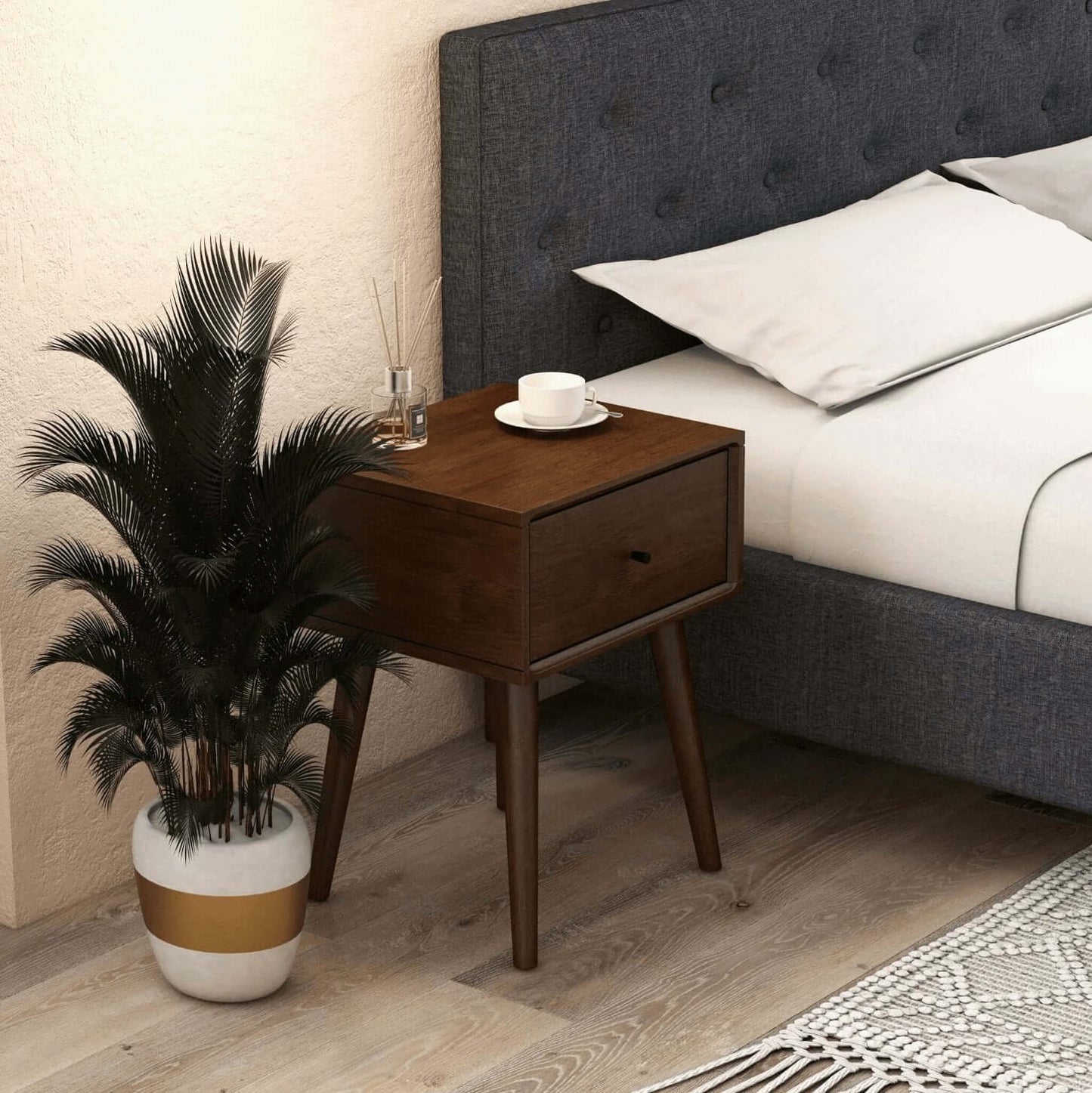 Avery MCM Walnut Nightstand with Drawer - Revel Sofa