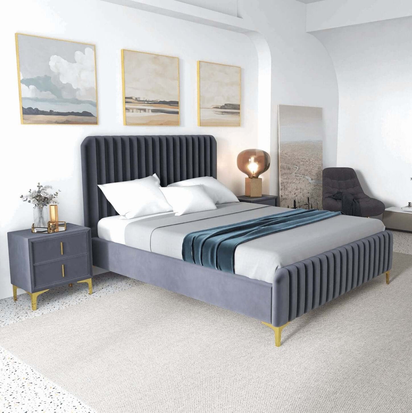Bethany Velvet Upholstered Channel Tufted Platform Bed - Revel Sofa