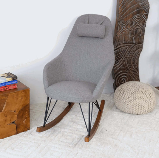 Chloe Velvet Rocking Chair – Mid-Century Modern Rocker (4 Colors) in gray upholstery and wooden base