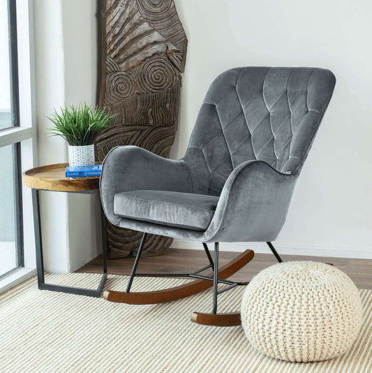 Hannah Tufted Velvet Rocking Chair – Mid-Century Modern Upholstered Rocker (4 Colors, Solid Wood Frame) in gray