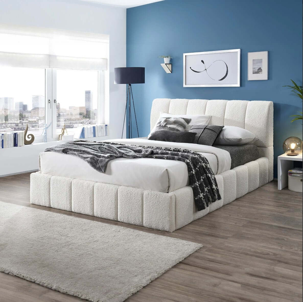 Hilar Channel Tufted White Boucle Platform Bed Frame - Revel Sofa