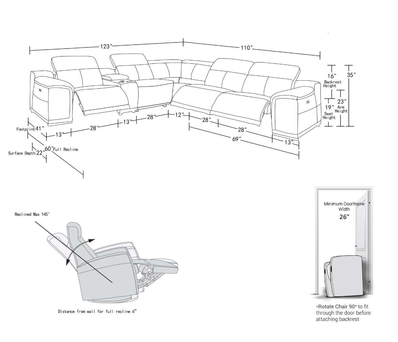 Italian Leather Power-Reclining Corner Sectional With Console with Various Size and Color Options - Revel Sofa