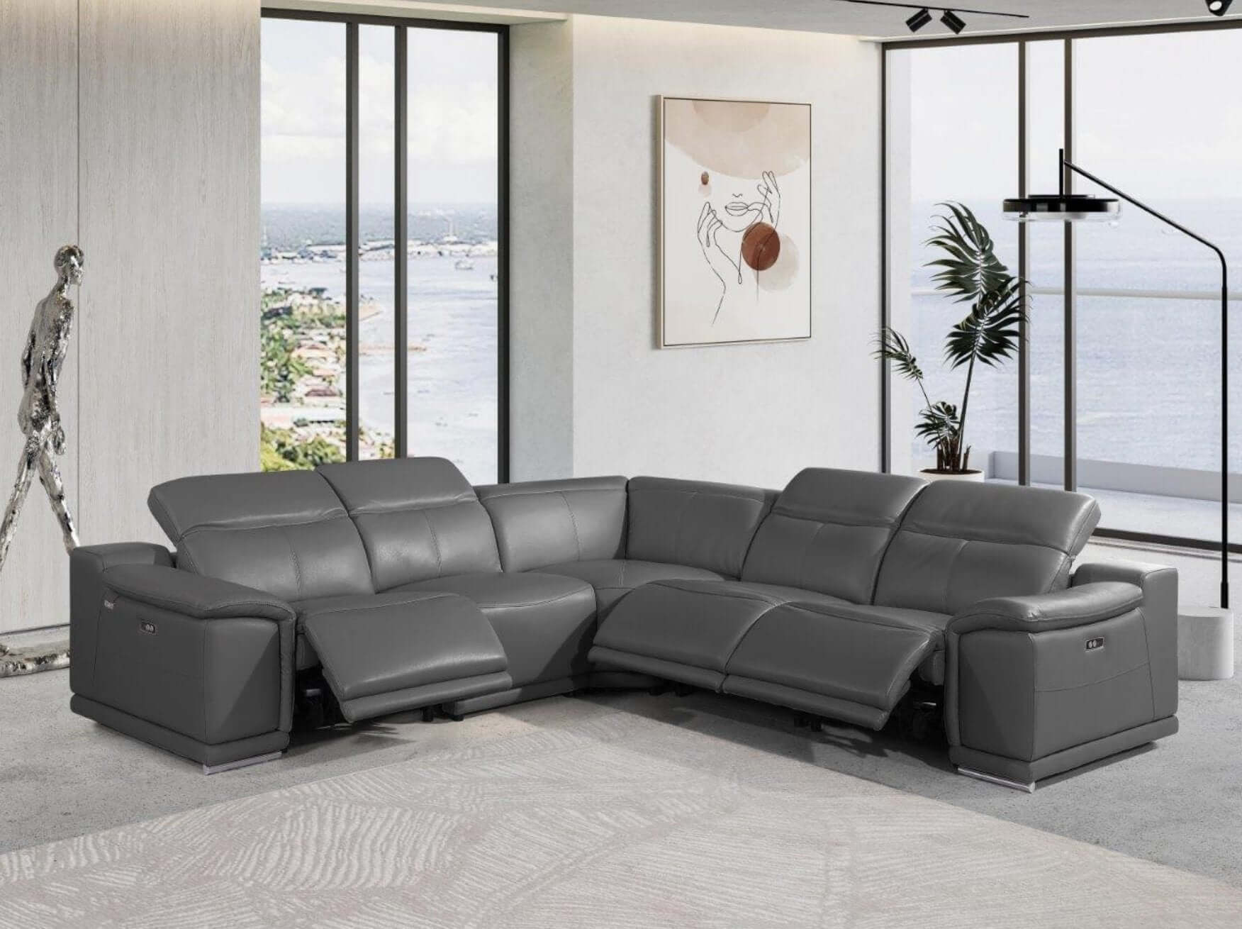 Italian Leather Power-Reclining Corner Sectional With Console with Various Size and Color Options