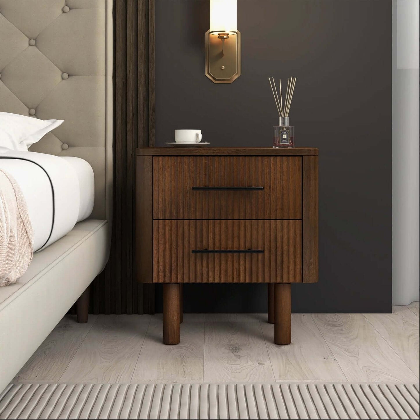 Logan MCM Walnut Bedroom Nightstand With 2 Drawers - Revel Sofa