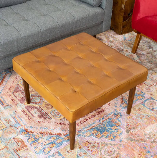 Mark MCM Style Tufted Square Genuine Leather Ottoman - Revel Sofa