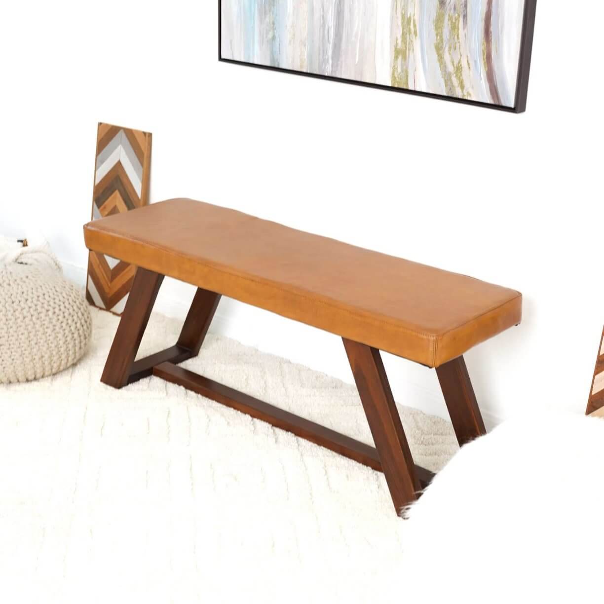 Marley MCM Genuine Leather Wood Bench - Revel Sofa