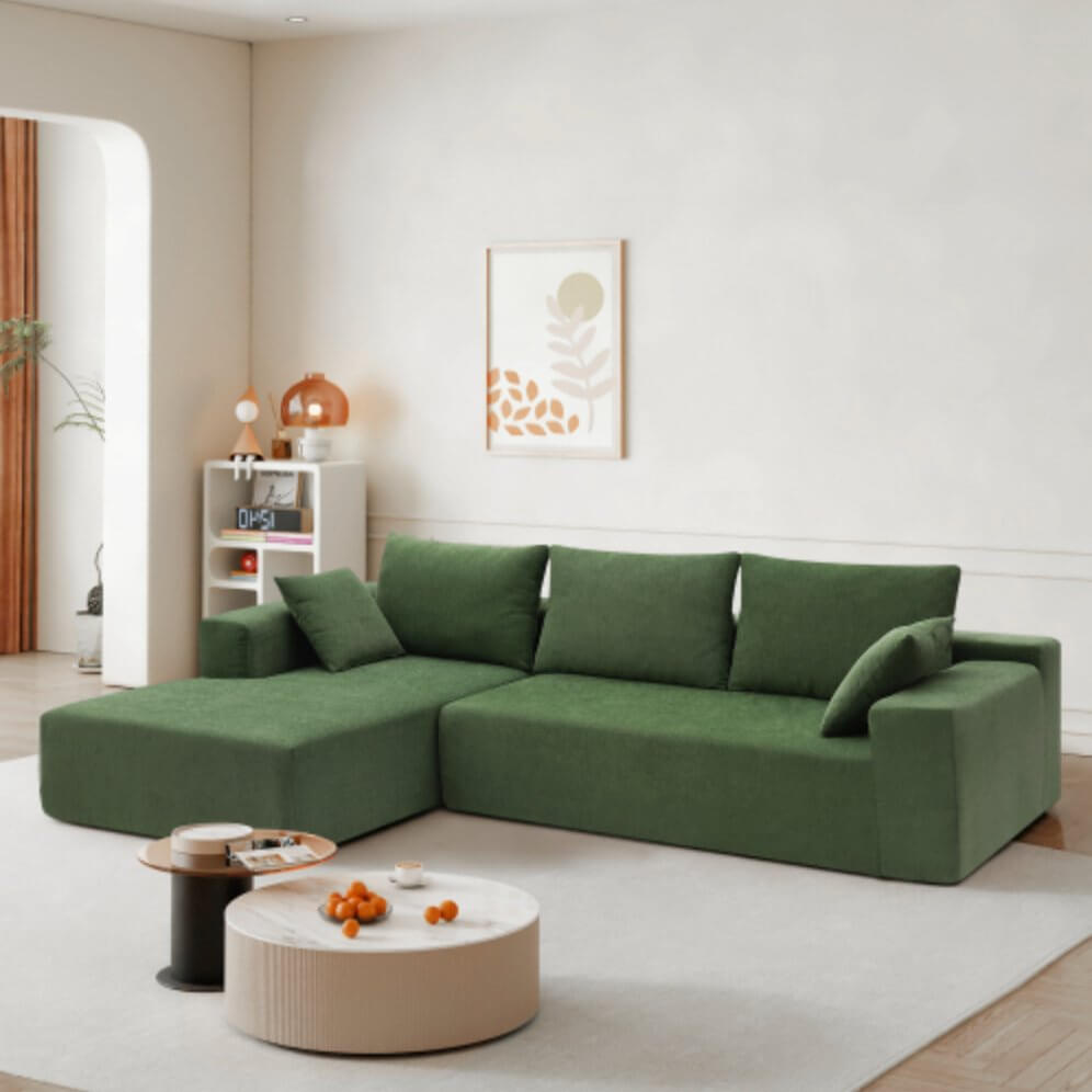 Modern Minimalist Modular Chaise Sectional Sofa Couch, White or Green 109" - Revel Sofa