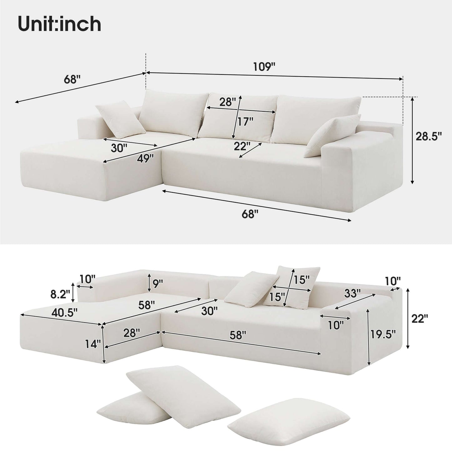 Modern Minimalist Modular Chaise Sectional Sofa Couch, White or Green 109" - Revel Sofa