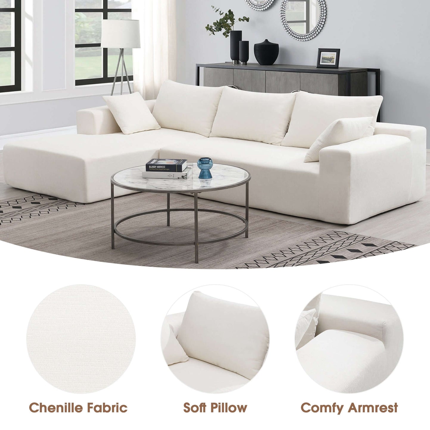 Modern Minimalist Modular Chaise Sectional Sofa Couch, White or Green 109" - Revel Sofa