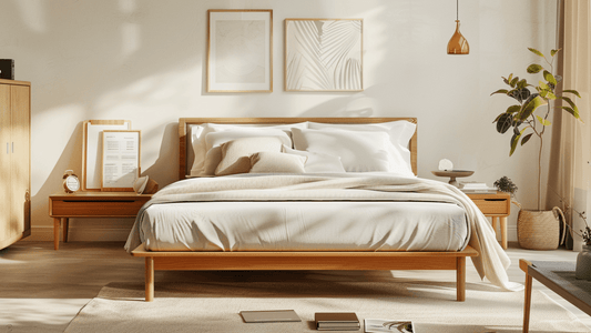 A beautifully designed modern bedroom featuring a wooden bed, cozy linens, and stylish decor for online bedroom furniture shopping guide.