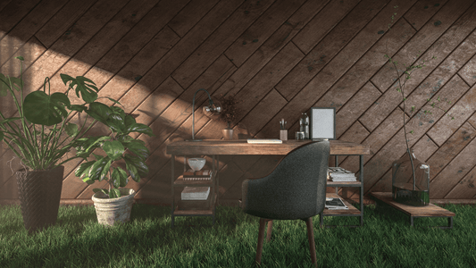 Cozy sustainable home office with a wooden desk, chair, and greenery, showcasing eco-friendly design.