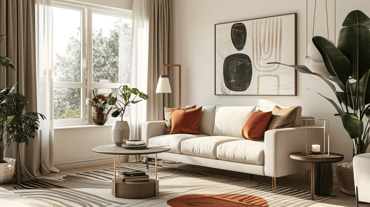 small living room sofa ideas featuring a cozy modern design with neutral tones and decorative accents.