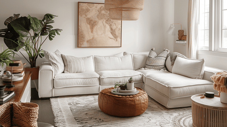 Spacious living room featuring renter-friendly modular sofas with neutral tones and stylish decor.