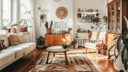 A beautifully decorated living room showcasing personal decorating style with plants and artistic elements.