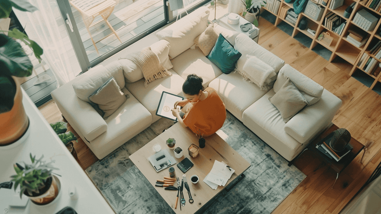 Person reading a furniture assembly guide on a coffee table in a stylish living room.