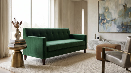Harper Velvet Sofa in a bright, neutral contemporary living room