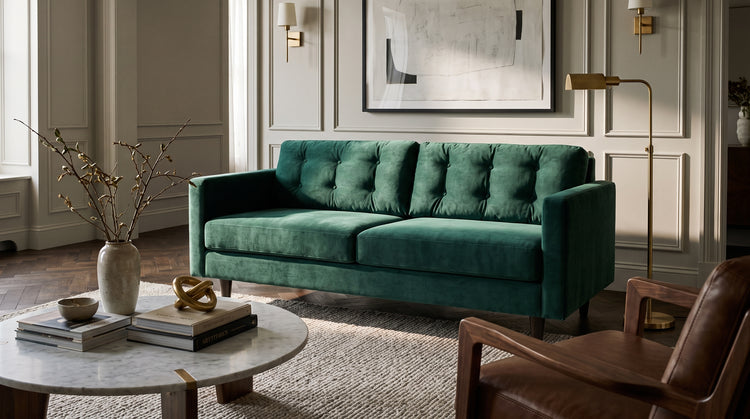 Green velvet sofa with button-tufted back cushions in a paneled living room with a marble coffee table