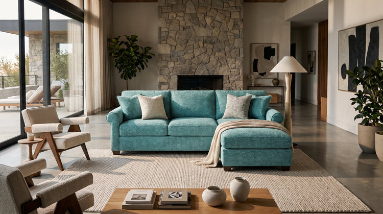 Teal sectional sofa with chaise styled on a generously sized neutral wool area rug, layered with throw pillows and a folded throw blanket in a bright modern living room
