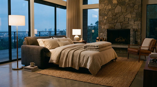 Gray velvet convertible sleeper sofa made up as a full bed with pillows and a throw in a warm, softly lit living room, showing how a sleeper sofa can look and feel like real furniture