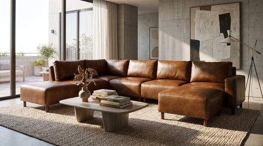 Curved U-shaped brown leather sectional sofa with rolled arm ends in a sunlit modern concrete-and-glass living room