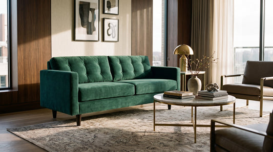 Emerald green tufted velvet sofa on short tapered dark wood legs in an upscale transitional living room with a marble coffee table and brass lamp