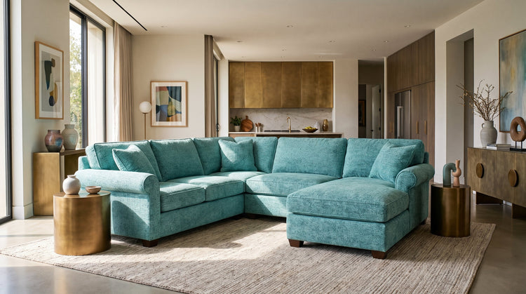 Teal chenille L-shaped sectional sofa with chaise in a bright, sunlit contemporary living room, showing the full L-shape and chaise silhouette