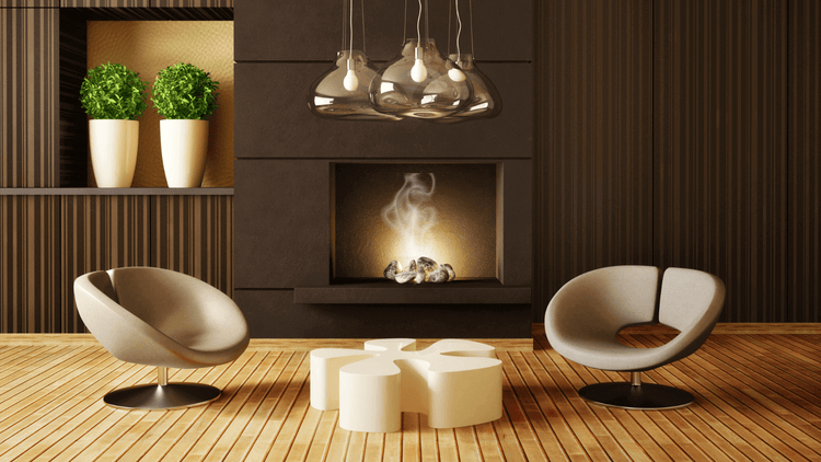 Modern living room featuring sleek chairs, minimalist design, and a cozy fireplace with decorative plants.