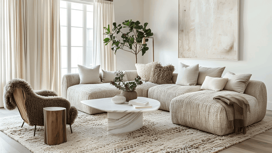 A cozy living room showcasing layering textures living room with plush sofas, decorative pillows, and a stylish coffee table.