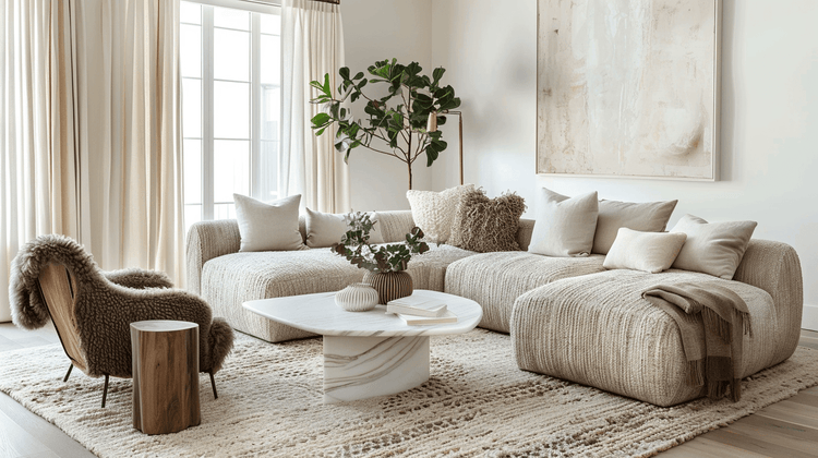 A cozy living room showcasing layering textures living room with plush sofas, decorative pillows, and a stylish coffee table.