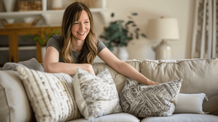 Woman smiling while sitting on a couch, showcasing a cozy living room to inspire those to overcome decorating anxiety.