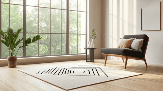 Modern living room featuring a stylish area accent rug with geometric patterns, a sofa, and a large window.