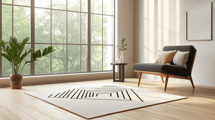 Modern living room featuring a stylish area accent rug with geometric patterns, a sofa, and a large window.