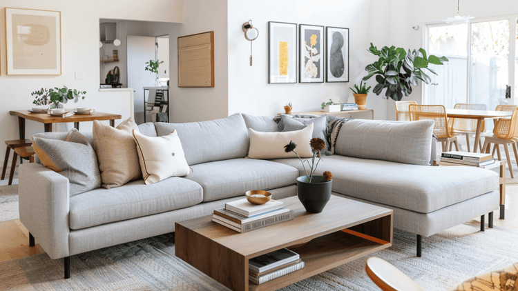 Modern living room featuring essential pieces for the airbnb furniture checklist, including a sofa, coffee table, and decor.