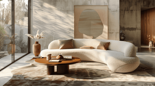 A stylish curved sofa in a modern living room with a rustic coffee table and decorative elements.