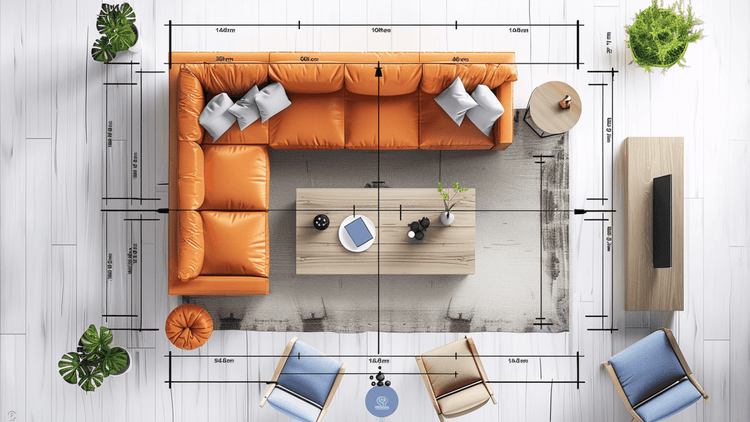 Top view of furniture arrangement with measurements, showcasing furniture measurement techniques.